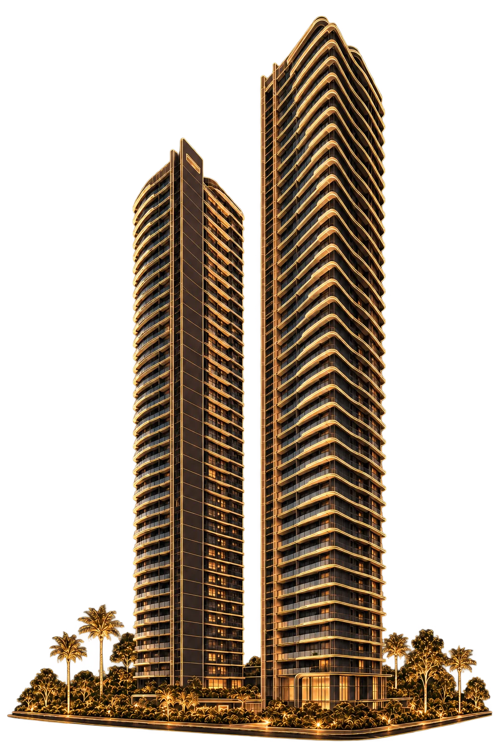 As duas torres do Elevare vistas de baixo, iluminadas em dourado sobre a praça arborizada
