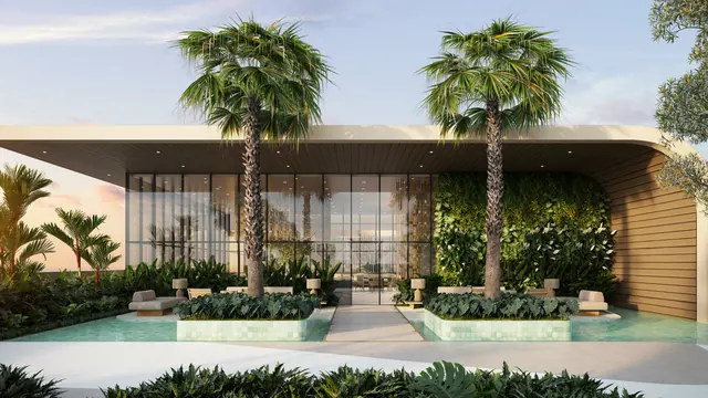 Acesso externo ao salão de festas do Elevare, com marquise e jardim lateral