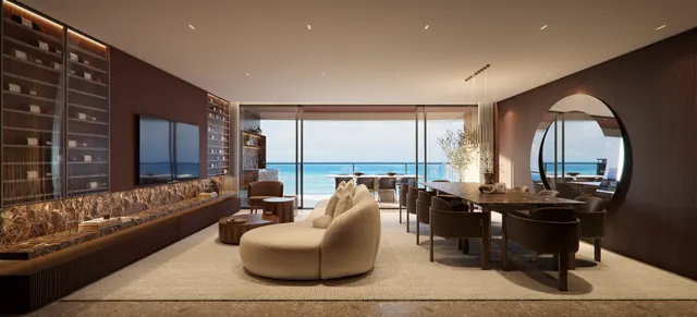 Living do apartamento de 191 m² do Elevare, integrado à varanda por vidro do piso ao teto