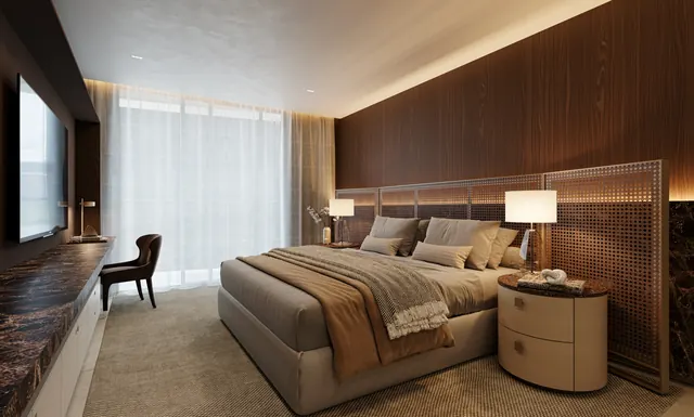 Suíte master do apartamento de 191 m² do Elevare, com closet aberto e vista para a cidade