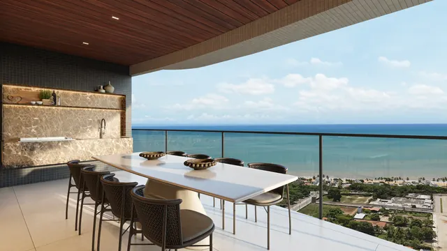 Varanda gourmet do apartamento de 191 m² do Elevare, com churrasqueira e mesa para oito