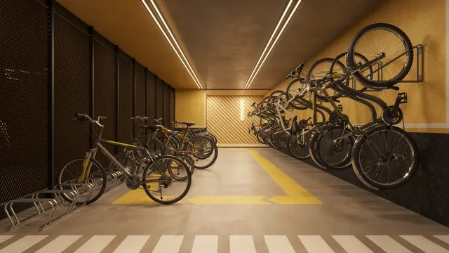 Bicicletário do Elevare, com suportes verticais e circulação ampla