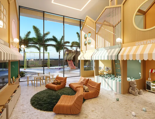 Brinquedoteca do Elevare, com casinhas cenográficas e piscina de bolinhas