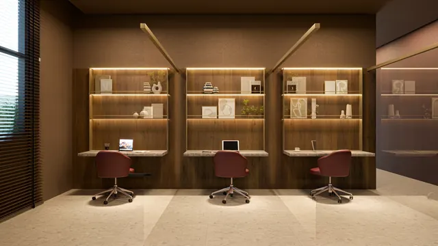Cabines individuais de trabalho do Elevare, fechadas em vidro e madeira