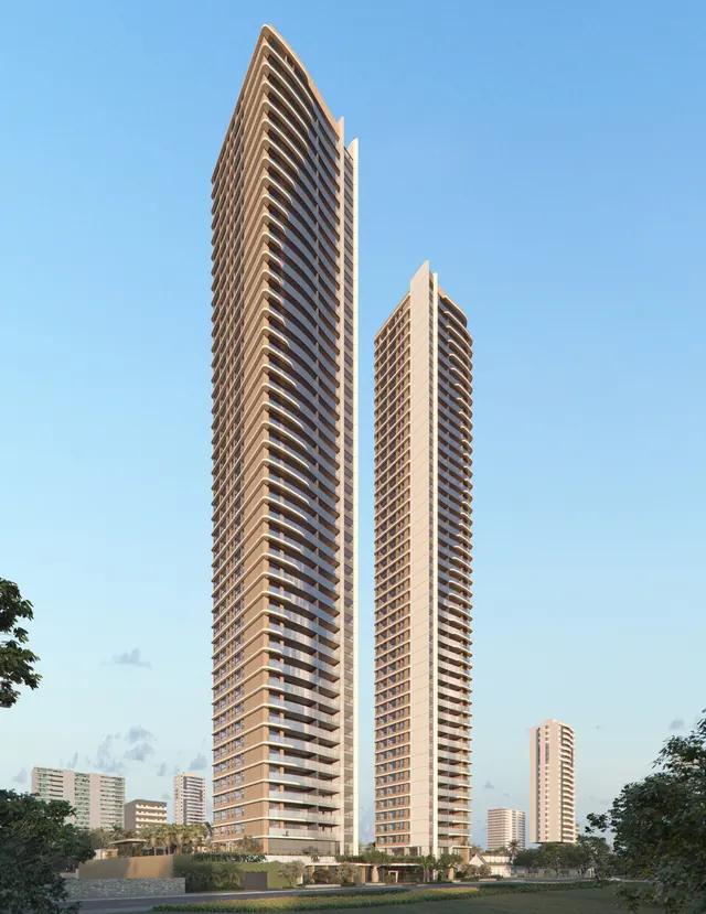 Fachada do Elevare vista de baixo, com as duas torres alinhadas contra o céu