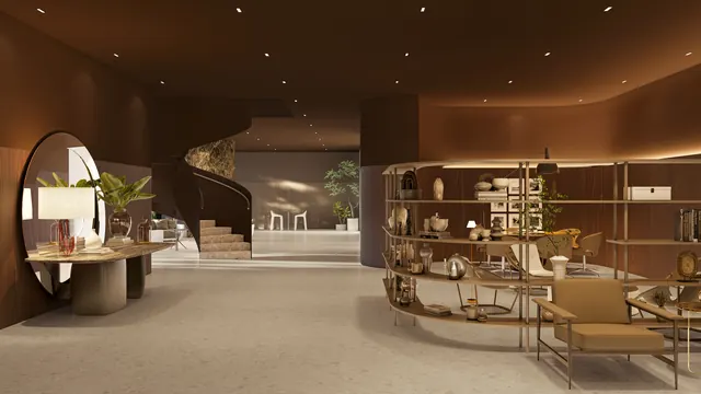 Segunda vista do lobby do Elevare, olhando da recepção para o jardim interno