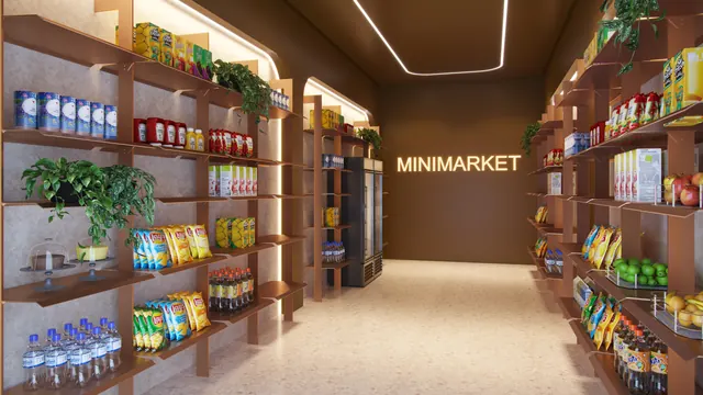 Mini market do Elevare, com prateleiras abastecidas e balcão de autoatendimento