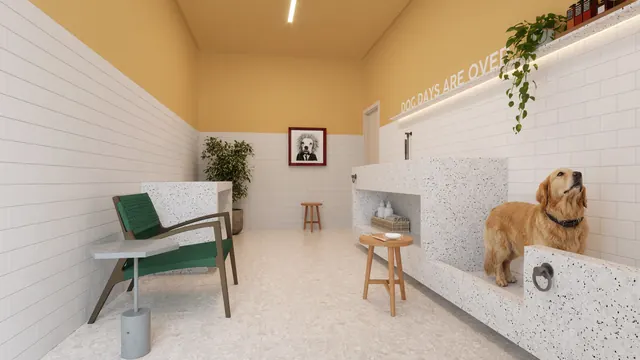 Pet care do Elevare, com bancada de banho, ducha e armários de apoio
